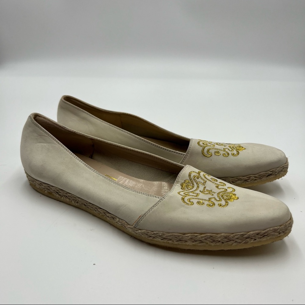 Salvatore Ferragamo Nubuck White Leather Signature Gold Espadrille Loafer 7.5A